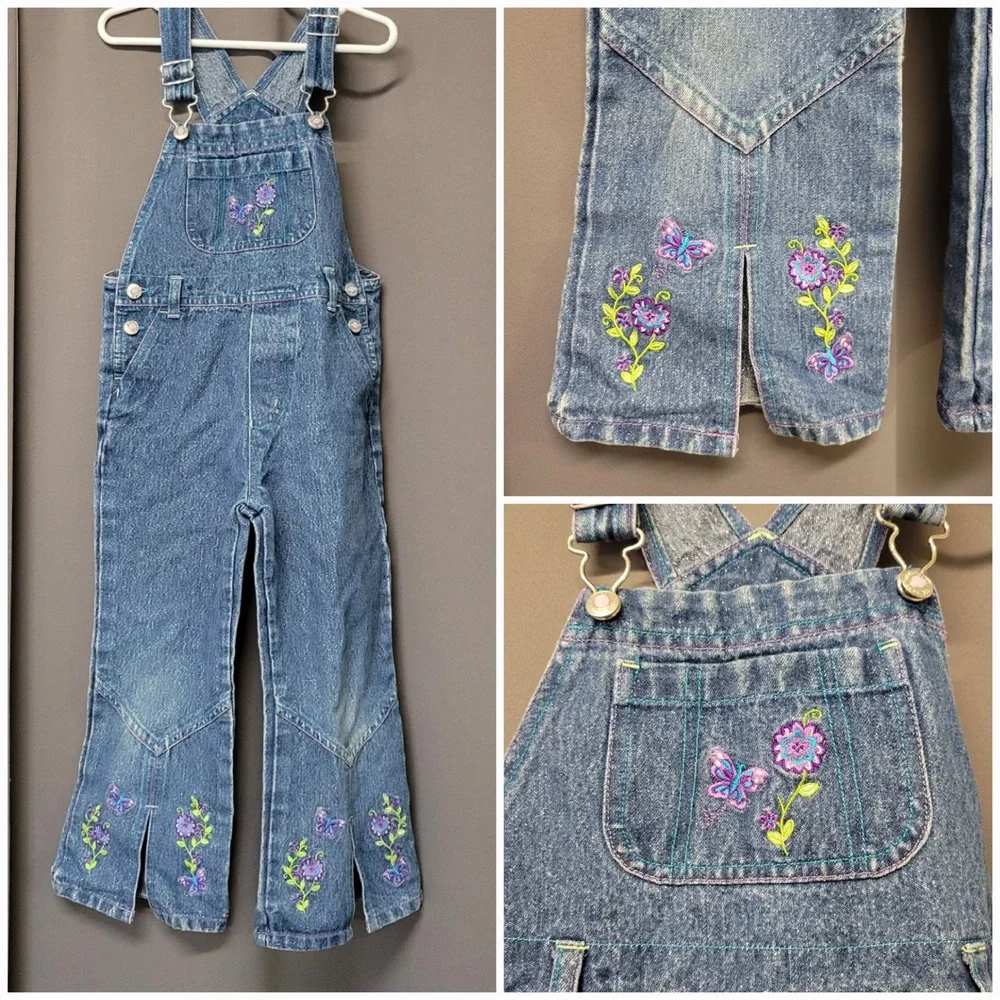Vintage 90s y2k Girls Denim Overalls Blue Butterfly Floral Embroidered Sparkle 5